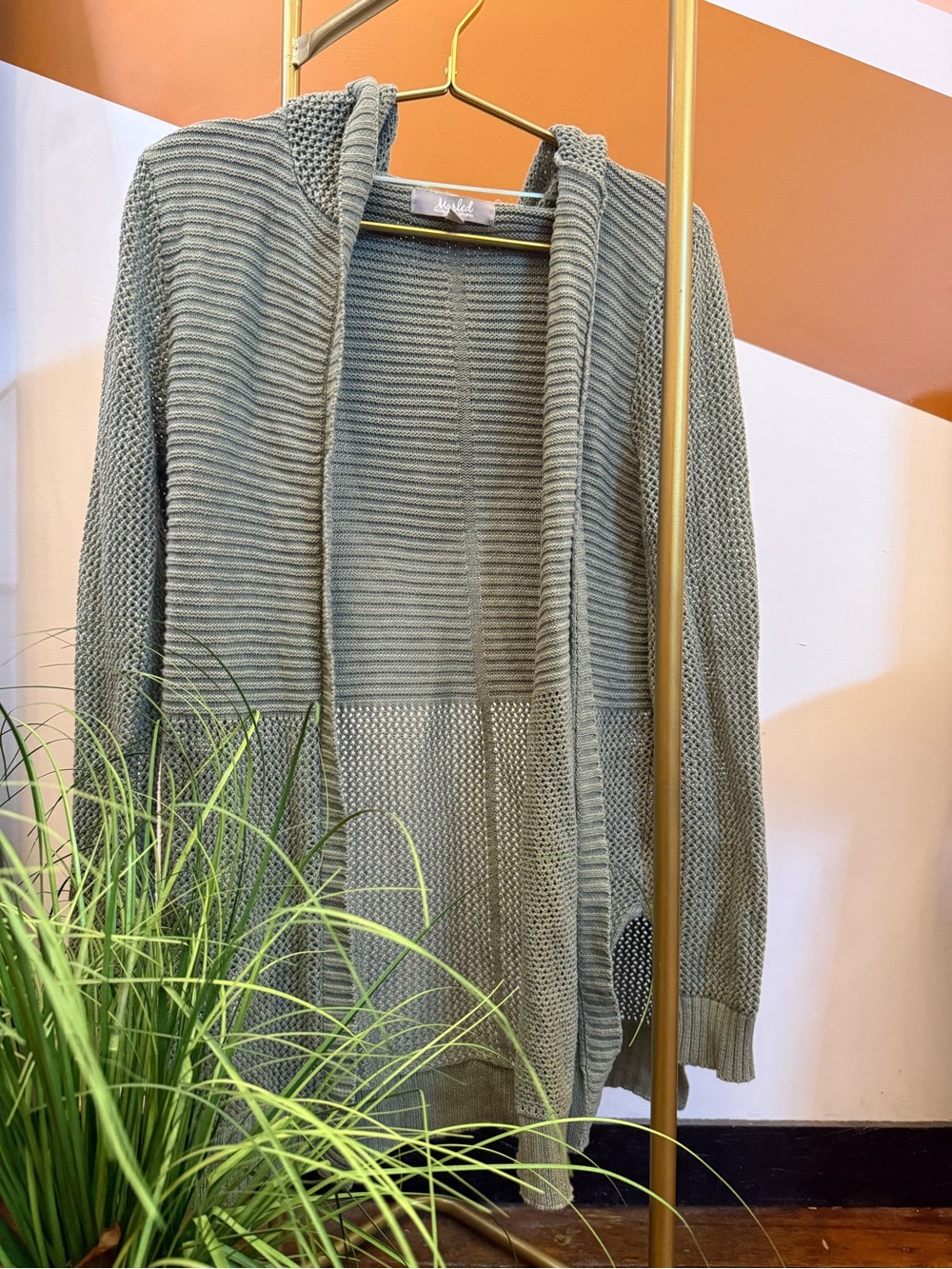 Marled Sage Green Open-Front Knit Cardigan with Hood